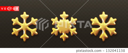 Set of realistic glossy 3d snowflake icons. Golden snowflakes Set of realistic glossy 3d snowflake icons. Golden snowflakes 132041138