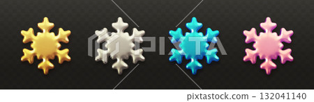3d snowflake icons. Golden, silver, blue and pink snowflakes 132041140