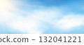 Bright sun rays and white clouds on blue sky background 132041221