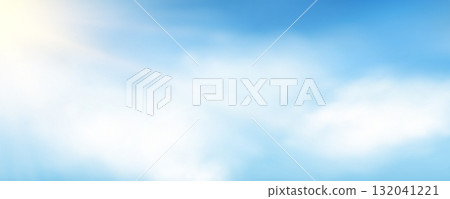 Bright sun rays and white clouds on blue sky background 132041221