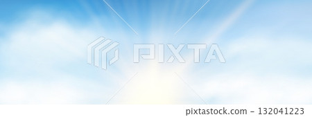 Sun rays, realistic white clouds on blue pastel sky background Sun rays, realistic white clouds on blue pastel sky background 132041223