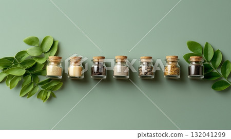 Seven small glass jars filled with various spices are lined up neatly 132041299