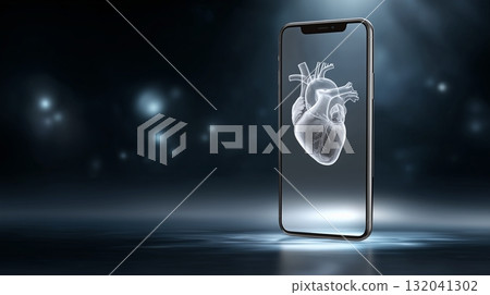 Illustration of a smartphone displaying a 3D heart model in a dark environment 132041302