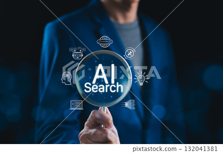 AI Search Engine Technology and Innovation Concept. Businessman holding magnifying glass with AI search text, icons of artificial intelligence, chatbot, big data, representing AI-driven search tech. AI Search Engine Technology and Innovation Concept. Businessman holding magnifying glass with AI search text, icons of artificial intelligence, chatbot, big data, representing AI-driven search tech. 132041381