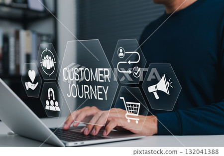 Customer journey concept showing a person working on a laptop with digital icons representing touchpoints, engagement, loyalty, marketing, and conversion path in customer experience strategy. 132041388