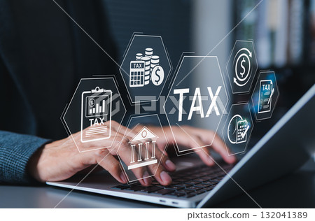 Digital tax management concept. Person working on a laptop with financial icons such as tax documents, calculation, deadlines and government filing representing online tax solutions. Income Tax, 132041389