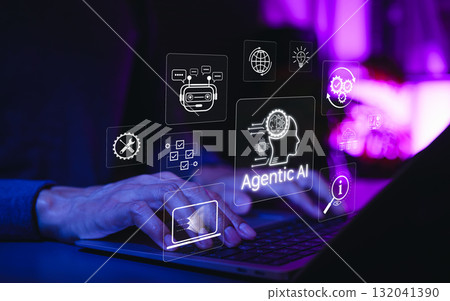 Agentic AI and Intelligent Automation Technology Concept. Typing on laptop with icons representing agentic AI, advanced artificial intelligence, chatbot, machine learning, future tech innovation, Agentic AI and Intelligent Automation Technology Concept. Typing on laptop with icons representing agentic AI, advanced artificial intelligence, chatbot, machine learning, future tech innovation, 132041390