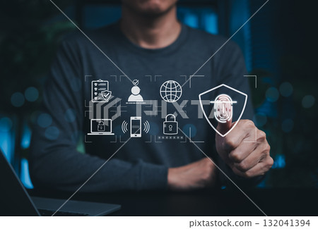 Cybersecurity and Biometric Identity Authentication System. Person using fingerprint scanning technology with icons represent security protocols, data protection, access control, identity verification 132041394