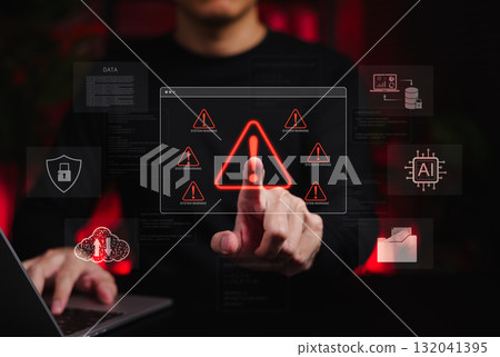 System Warning Alert for Cybersecurity Threat and AI Risk. Person interacting with red warning icon on digital screen surrounded by cyber security and AI symbols, indicating system alerts, data risks, 132041395