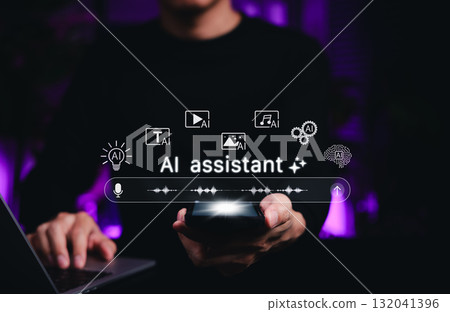 AI Assistant Technology Concept. Person using smartphone to interact with an AI voice assistant, digital icons representing artificial intelligence features like text, image, video and automation. 132041396