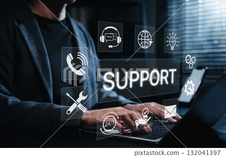 Technical Support and Customer Service Concept. Person using laptop with icons for phone, chat, email, tools, and 24/7 service, representing technical support, IT helpdesk, customer service assistance 132041397