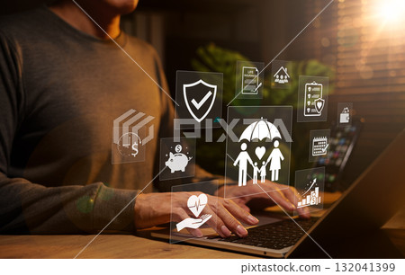 Life Insurance and Family Protection Concept. Life insurance with icons showing family protection, health, savings, security, and financial planning. Concept of safety, coverage, financial stability, Life Insurance and Family Protection Concept. Life insurance with icons showing family protection, health, savings, security, and financial planning. Concept of safety, coverage, financial stability, 132041399