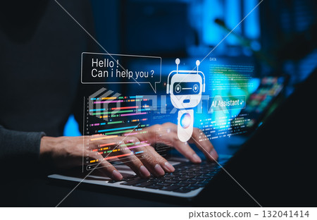 AI coding assistant for software development concept. Machine Learning Code, Programmer use laptop with code and AI robot represent artificial intelligence, AI programming, software development tools, 132041414