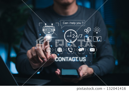 AI chatbot customer service concept. Person using smartphone with virtual assistant icon surrounded by contact symbols, 24/7 support, digital communication channels for smart business solutions, FAQ, 132041416