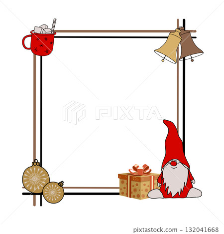 Holiday frame with mug, gnome, bells and Christmas decorations vector illustration Holiday frame with mug, gnome, bells and Christmas decorations vector illustration 132041668