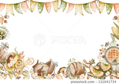 Watercolor frame for Thanksgiving Day celebration. Perfect for greeting cards, invitations. Features food, pumpkin, turkey, invitations, banners. Seasonal illustration for posters and holiday designs. Watercolor frame for Thanksgiving Day celebration. Perfect for greeting cards, invitations. Features food, pumpkin, turkey, invitations, banners. Seasonal illustration for posters and holiday designs. 132041734