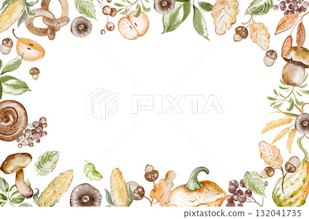 Rectangular template frame with pumpkins, mushrooms, leaves, and acorns. Autumn watercolor illustration for Thanksgiving, harvest, holiday, greeting, or invitation. 132041735