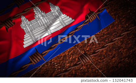 The Cambodia flag and barbed wire for Background 3d Rendering. 132041743
