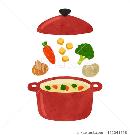 Red pot and stew ingredients watercolor hand-drawn illustration 132041838