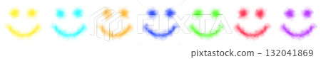 Set of glowing colorful smiley faces with fluffy smoke texture on transparent background for fun and cheerful visuals Set of glowing colorful smiley faces with fluffy smoke texture on transparent background for fun and cheerful visuals 132041869