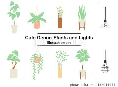 圖庫插圖: 咖啡館植物和照明設備 圖庫插圖: 咖啡館植物和照明設備 132041911