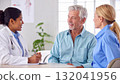 Doctor consults with senior male patient and female companion 132041956
