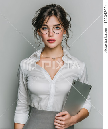 Portrait of a woman in a business setting - an office style that exudes trust and cleanliness 132042054