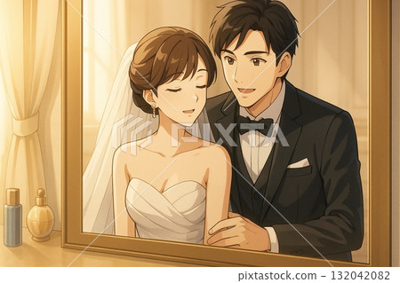 鏡子裡映照著幸福的新人，婚禮現場，笑容溫柔 132042082