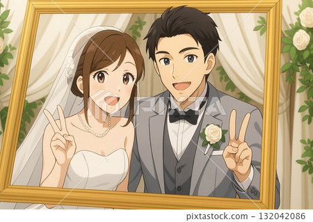 新郎新娘合照。婚禮照片中，新郎新娘笑容燦爛。 132042086