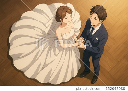 夢幻般的鳥瞰視角，新娘和新郎在禮服展開時翩翩起舞 132042088