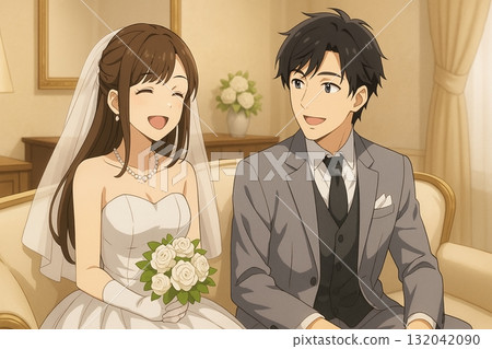 新娘和新郎微笑著一起交談 — — 婚禮上的幸福時刻 132042090