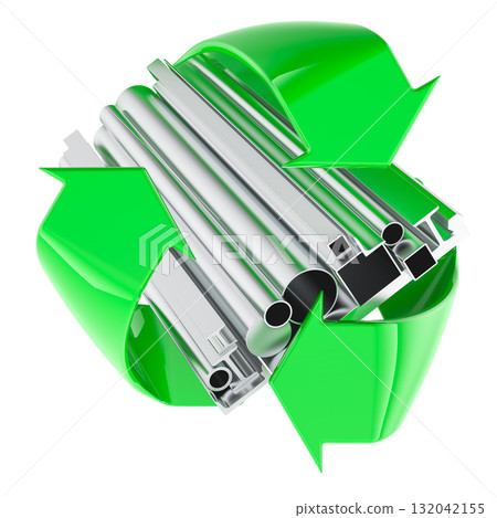Aluminum profiles recycling, metal tubes with green recycle arrows. 3D rendering Aluminum profiles recycling, metal tubes with green recycle arrows. 3D rendering 132042155
