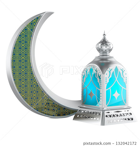 Silver crescent moon with oriental geometric pattern and decorative lantern with blue glass. 3D rendering Silver crescent moon with oriental geometric pattern and decorative lantern with blue glass. 3D rendering 132042172