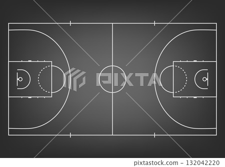 Vector Basketball Court Diagram, Top View Court Layout. Black Basketball Court Plan with Lines and Markings. Arena Floor Vector Basketball Court Diagram, Top View Court Layout. Black Basketball Court Plan with Lines and Markings. Arena Floor 132042220