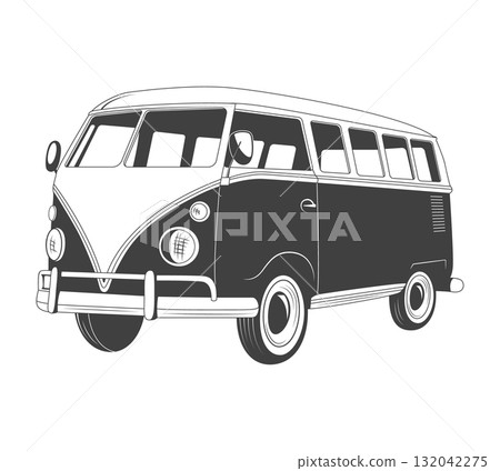 Retro Camper Van Icon. Vector Illustration. Classic Minibus Silhouette. Vintage Surf Van with Board. Microbus Clipart for Badge, Summer Beach Logo, Sticker, Tee Print Art Retro Camper Van Icon. Vector Illustration. Classic Minibus Silhouette. Vintage Surf Van with Board. Microbus Clipart for Badge, Summer Beach Logo, Sticker, Tee Print Art 132042275