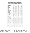 Male measurement Japan chart with inches decimals, showing chest, waist, hip, sleeve, shoulder, height. Size guide 132042516