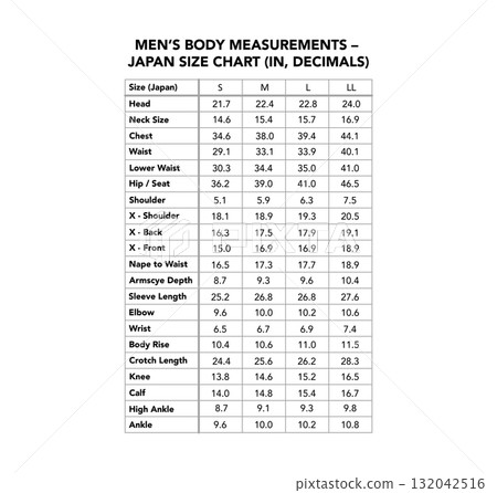 Male measurement Japan chart with inches decimals, showing chest, waist, hip, sleeve, shoulder, height. Size guide 132042516