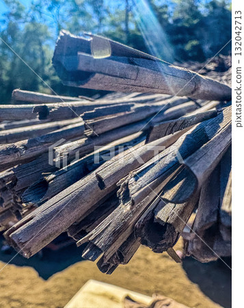 Macro photograph of weathered wooden sticks arranged together, captured under bright sunlight with blurred green nature background. Rustic texture and natural details. High quality photo 132042713