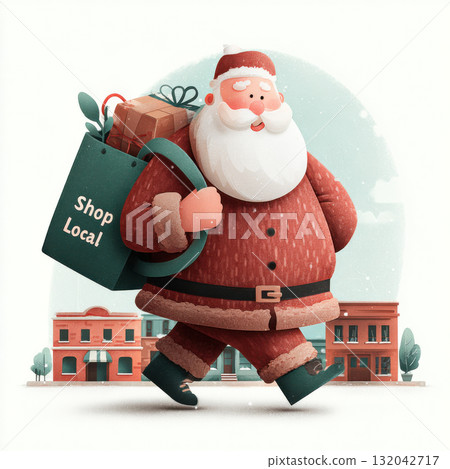 Santa Claus carrying a shopping bag that reads Shop Local while walking through a small town. A creative concept promoting holiday shopping and supporting local businesses. Vector illustration Santa Claus carrying a shopping bag that reads Shop Local while walking through a small town. A creative concept promoting holiday shopping and supporting local businesses. Vector illustration 132042717