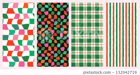 Green and Red Christmas Seamless Vector Patterns Set, Wavy Distorted Plaid, Watercolor Check and Vertical Stripes Backgrounds Green and Red Christmas Seamless Vector Patterns Set, Wavy Distorted Plaid, Watercolor Check and Vertical Stripes Backgrounds 132042719