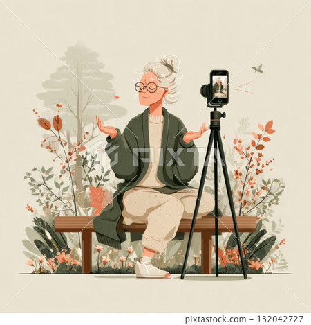 older woman meditating peacefully on a bench in nature, recorded by her smartphone set on a tripod. Concept of mindfulness, digital seniors, relaxation, wellness in modern life.. Vector illustration older woman meditating peacefully on a bench in nature, recorded by her smartphone set on a tripod. Concept of mindfulness, digital seniors, relaxation, wellness in modern life.. Vector illustration 132042727