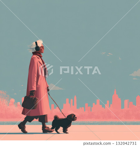 Stylish elderly woman enjoying a walk with her dog while listening to music in an urban park. A blend of active lifestyle, technology, and companionship. Vector illustration Stylish elderly woman enjoying a walk with her dog while listening to music in an urban park. A blend of active lifestyle, technology, and companionship. Vector illustration 132042731