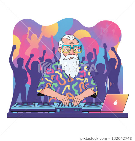 Vector illustration of an older man DJing at a party with colorful lights and dancing crowd. Concept of seniors embracing modern lifestyle, music, and entertainment.. Vector illustration 132042748