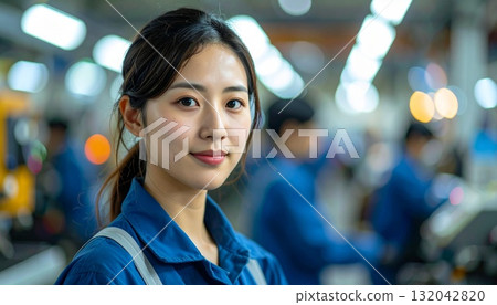 AI-generated image of a woman working in a factory wearing work clothes 132042820