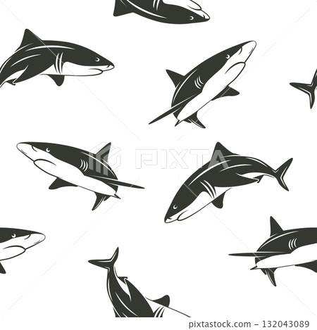 Shark Seamless Pattern, Vector Illustration. Shark Background with Swimming Sharks. Repeat Tile, Ocean, Marine Wildlife, Surf Logo, Textile, Packaging, Gift Wrap, Fabric Print, Wallpaper Design Shark Seamless Pattern, Vector Illustration. Shark Background with Swimming Sharks. Repeat Tile, Ocean, Marine Wildlife, Surf Logo, Textile, Packaging, Gift Wrap, Fabric Print, Wallpaper Design 132043089