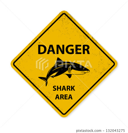 Shark Warning Sign, Vector Illustration. Yellow Diamond Danger Sign with Shark Silhouette, Distressed Road Sign for Beach, Coastal Safety, Shark Area Notice, Front View 132043275