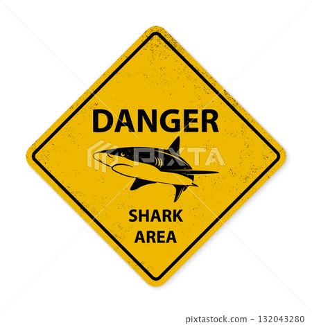 Shark Warning Sign, Vector Illustration. Yellow Diamond Danger Sign with Shark Silhouette, Distressed Road Sign for Beach, Coastal Safety, Shark Area Notice 132043280