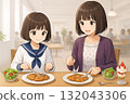 姐妹倆在餐廳吃炸雞 132043306
