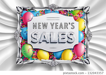 New Year sale frame celebrating with balloons and confetti 132043357