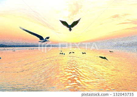 First sunrise of Kasumigaura where water birds play First sunrise of Kasumigaura where water birds play 132043735